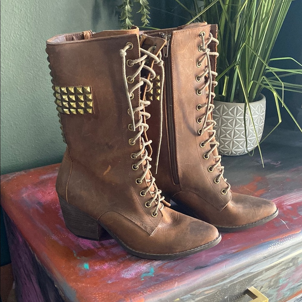 Brown Lace-Up Studded Boots